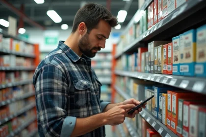 Homme examine cartons de tabac dans un magasin en Espagne