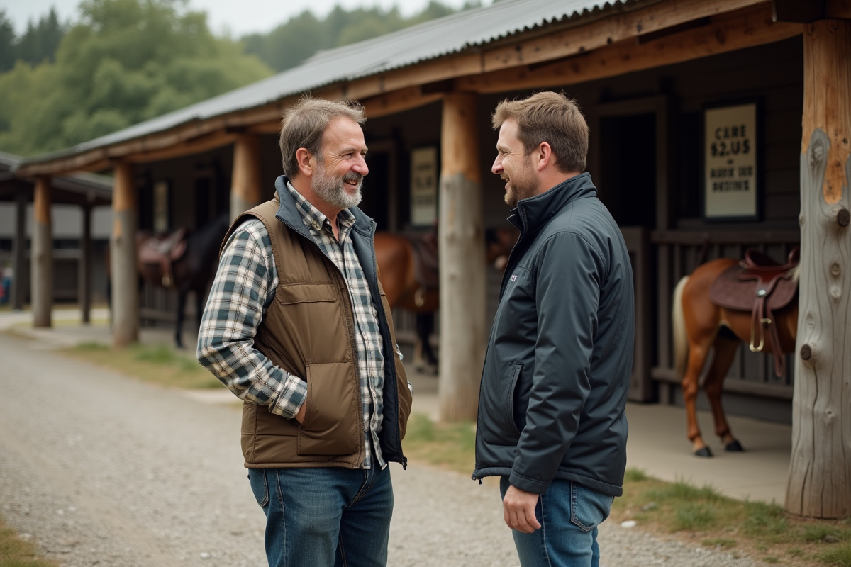 Homme discutant avec un guide devant une écurie rustique