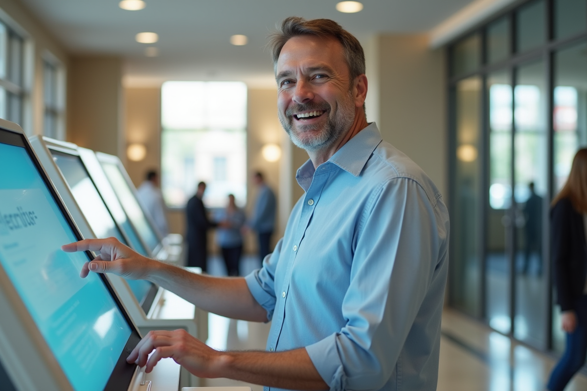 Homme utilisant un kiosque numérique dans un espace public