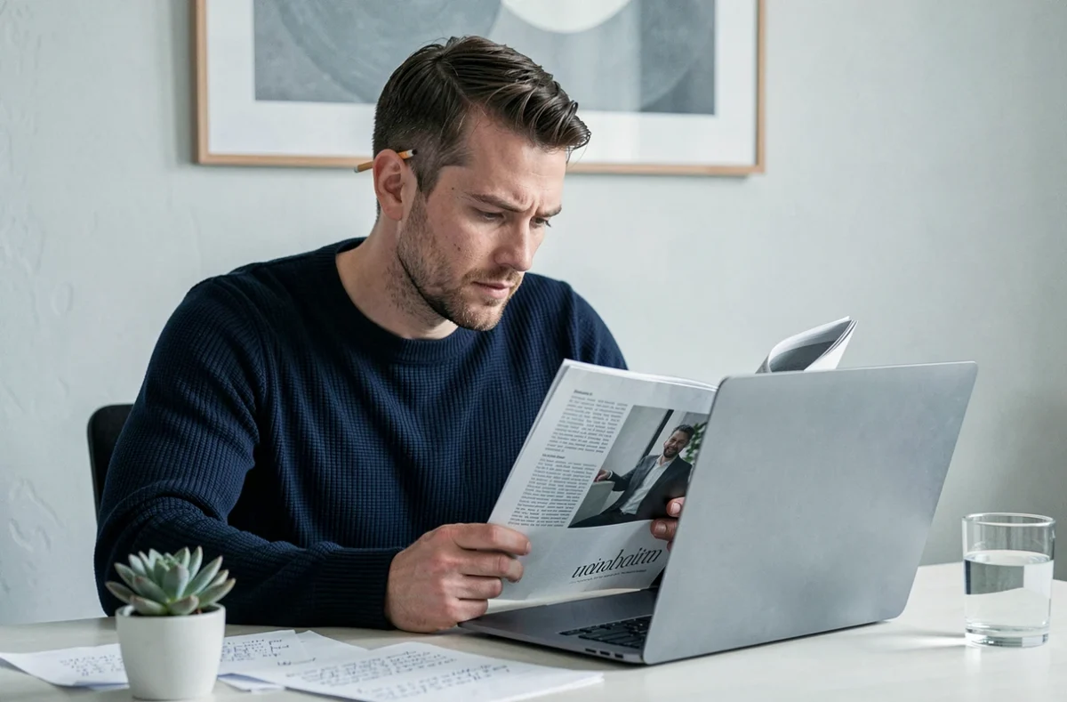 Homme concentré lisant Epershand magazine à son bureau minimaliste, illustrant le profil du lecteur créatif et curieux