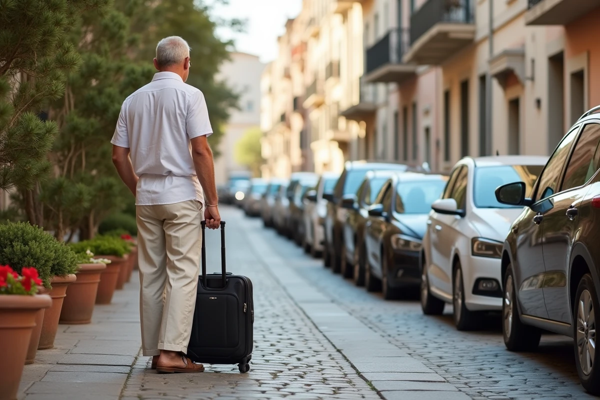 Homme avec valise devant un parking de location à Palerme