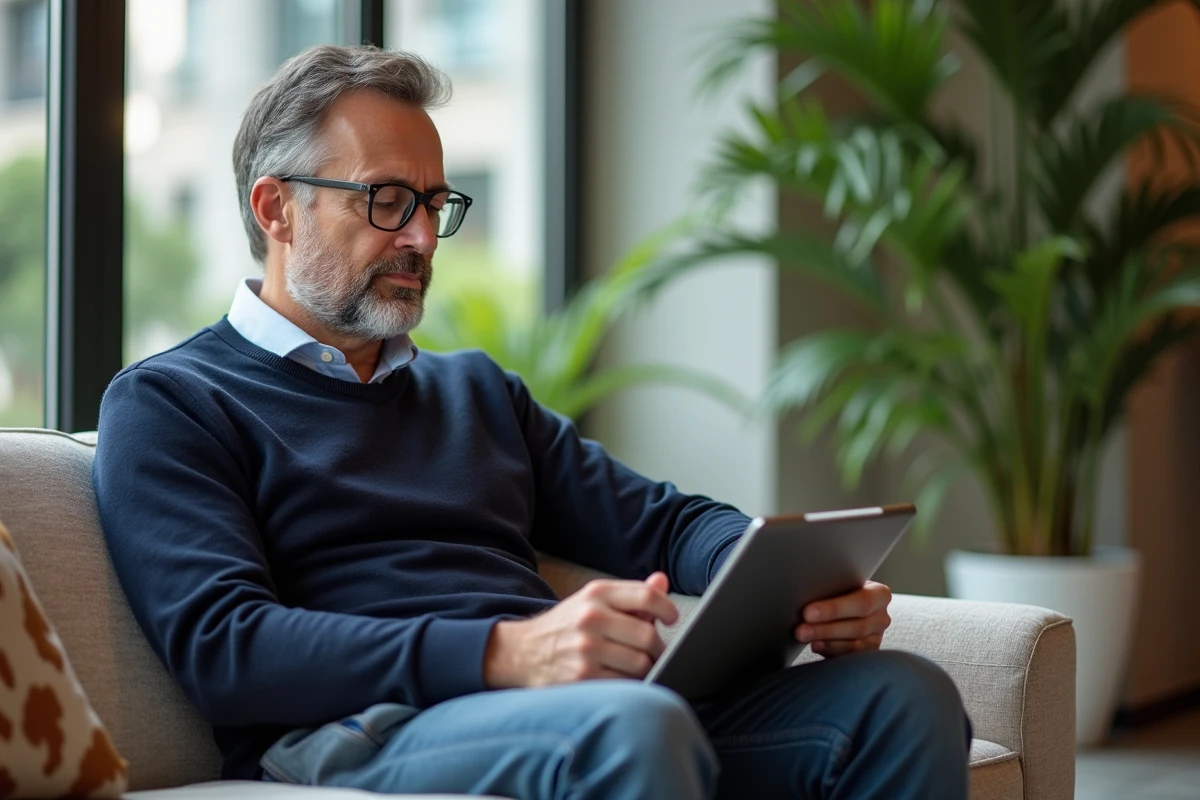 Homme lisant sur un sofa dans un lounge d