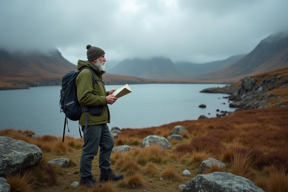 Homme âgé observant un loch dans les Highlands