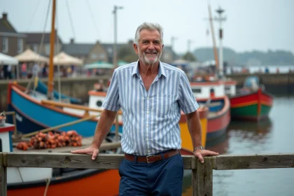 Homme souriant au port de la Cotinière avec bateaux colorés