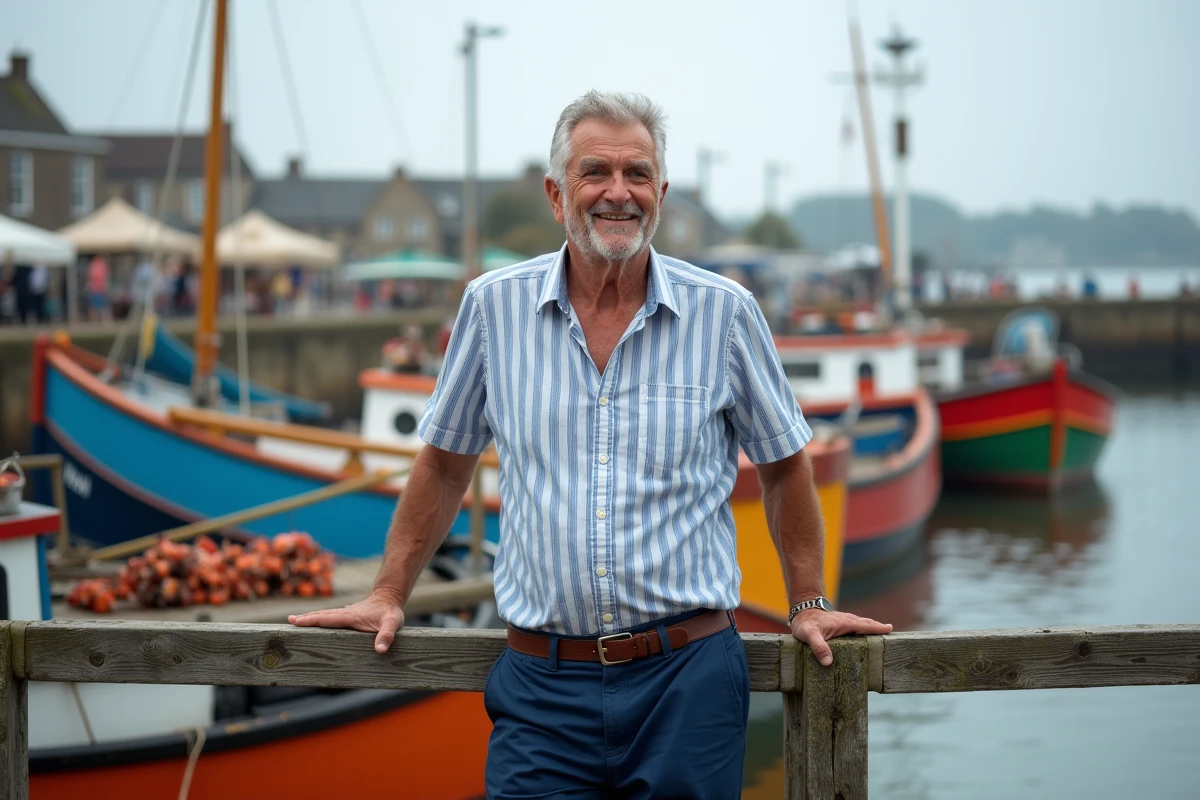 Homme souriant au port de la Cotinière avec bateaux colorés