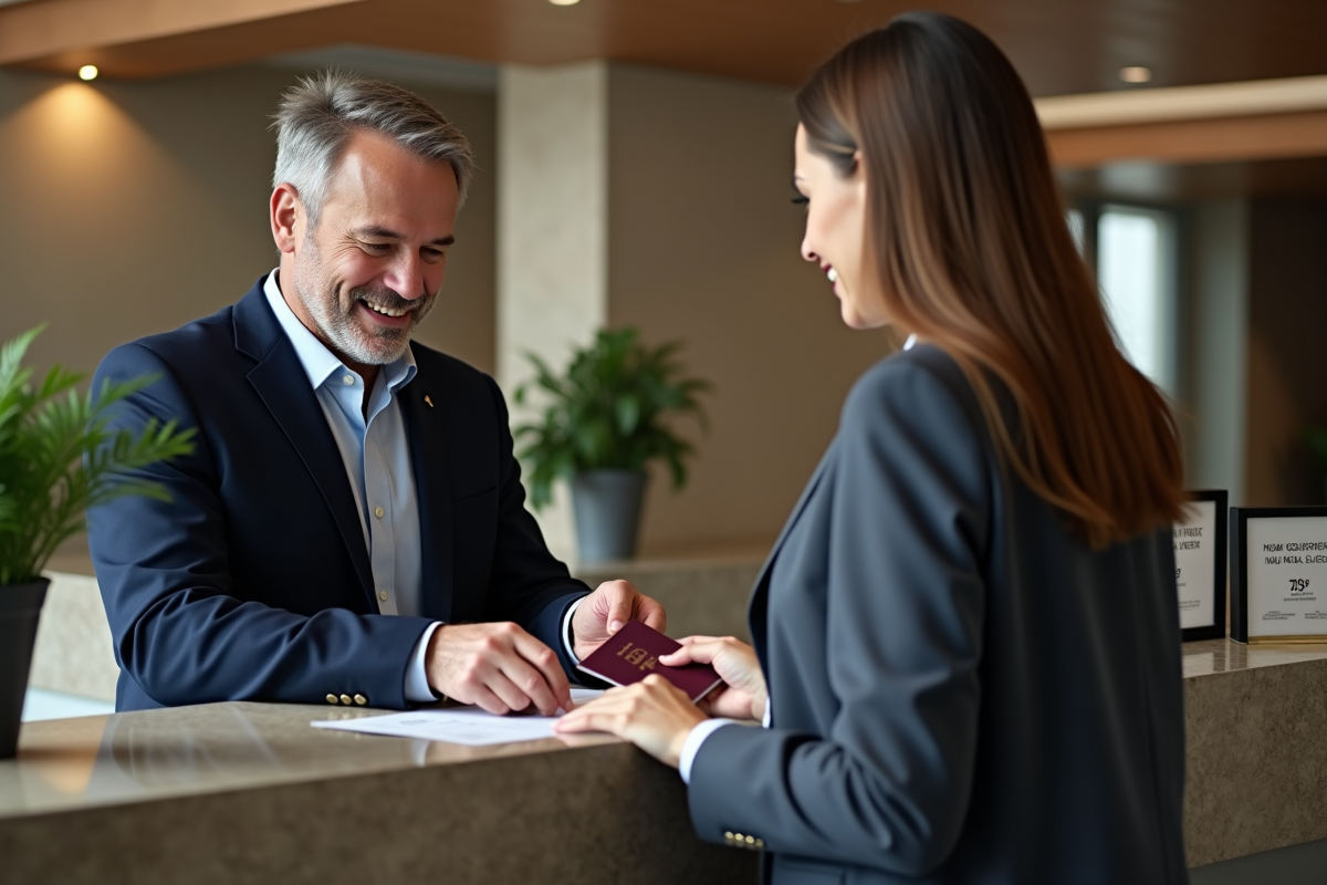Homme remettant ses papiers à la réception d