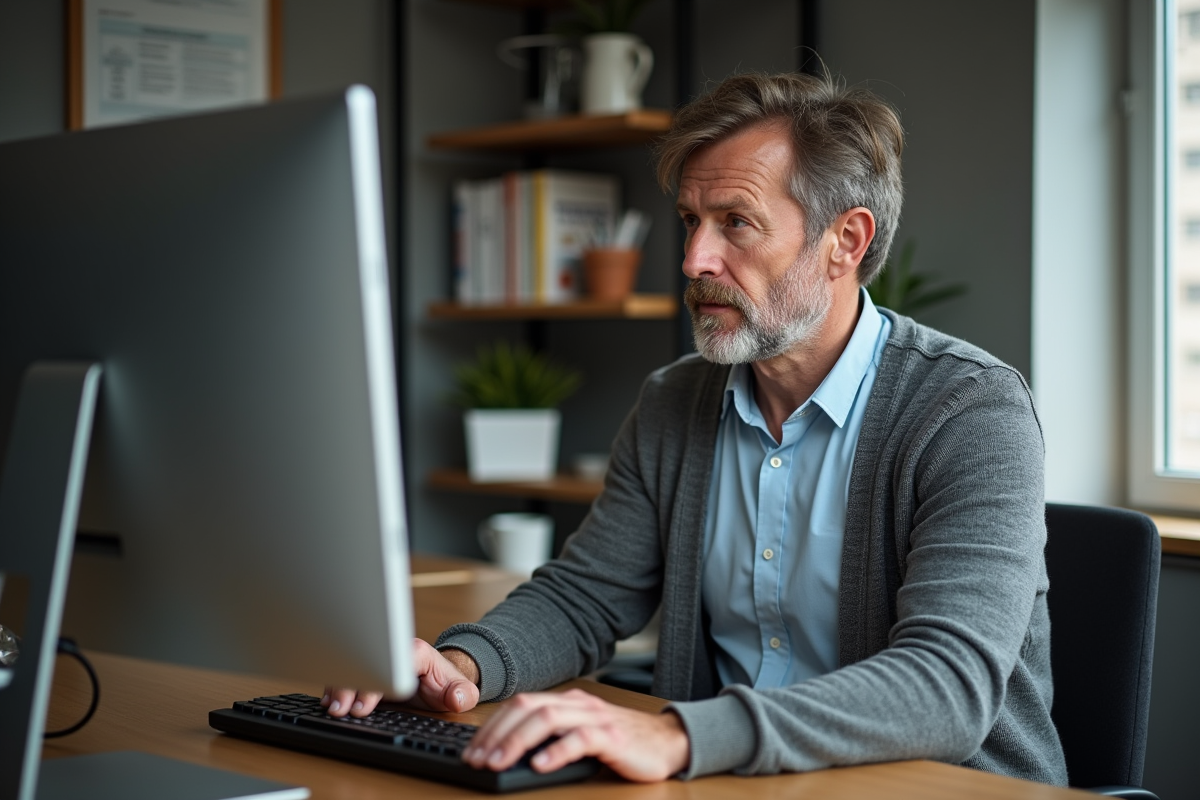 Homme travaillant sur son renouvellement de passeport au bureau