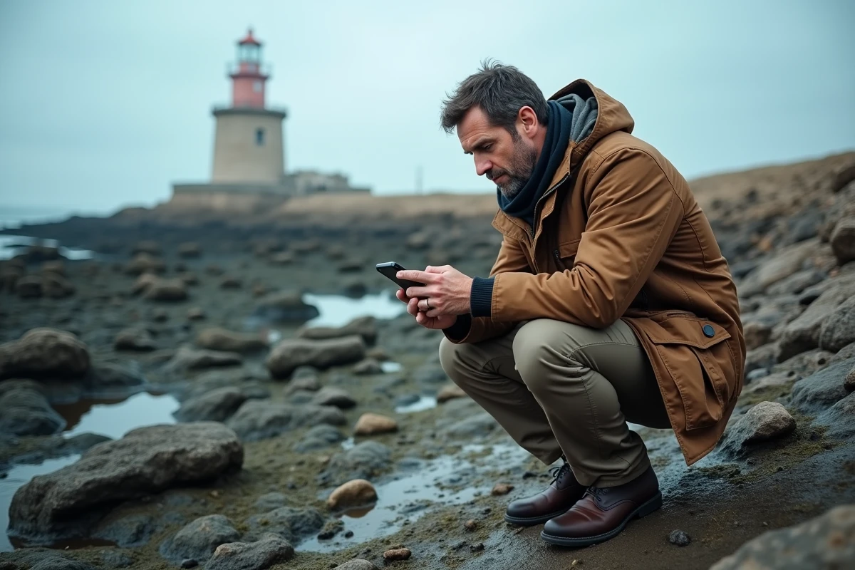 Homme consultant les marées de Biarritz sur smartphone depuis les rochers de la Pointe Saint-Martin