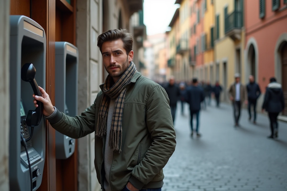 Jeune homme utilisant un téléphone public dans une rue italienne animée