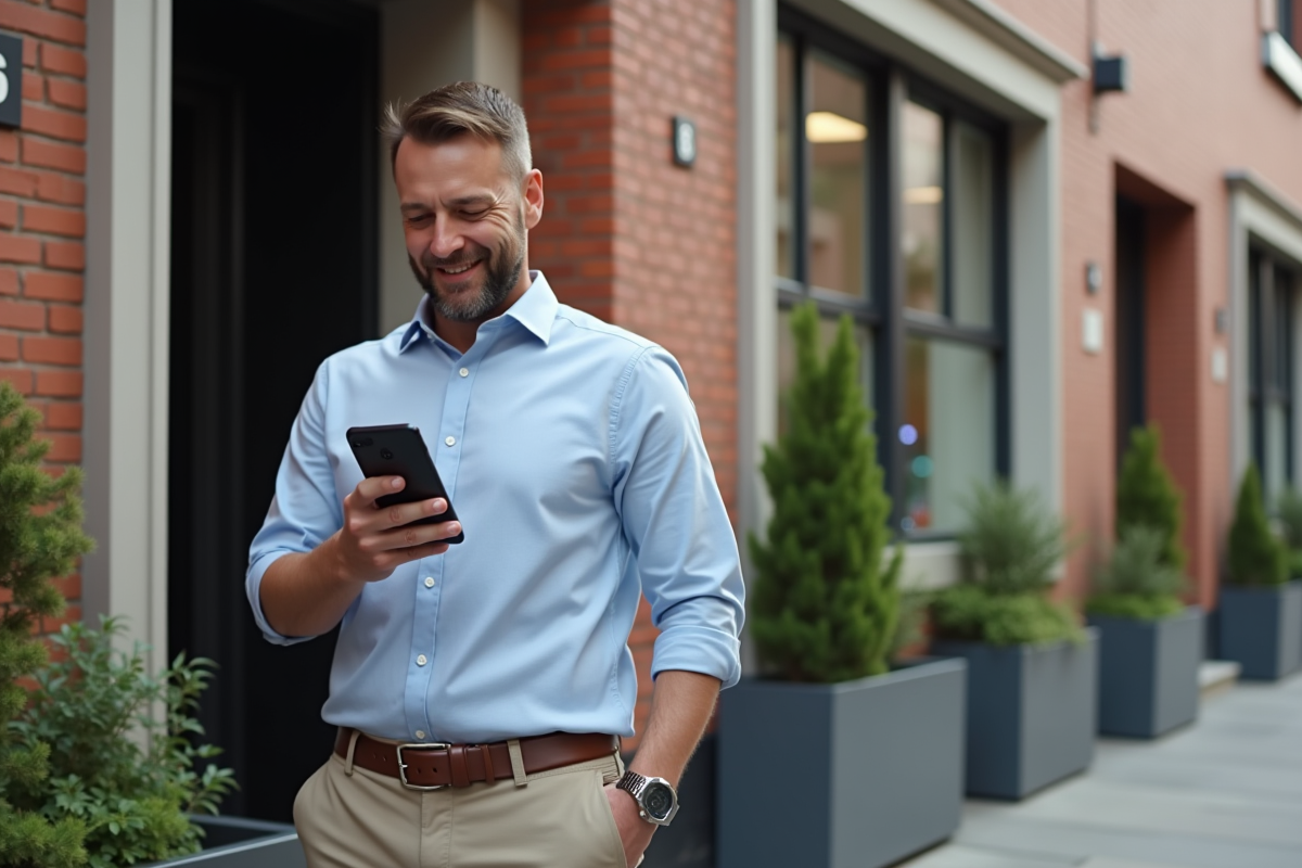 Homme utilisant une application de location devant un immeuble urbain