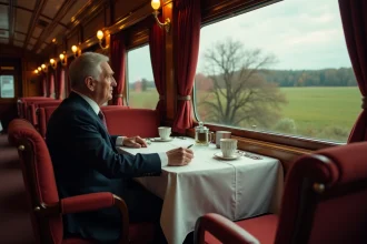 Homme âgé en costume élégant dans un train de luxe Orient Express