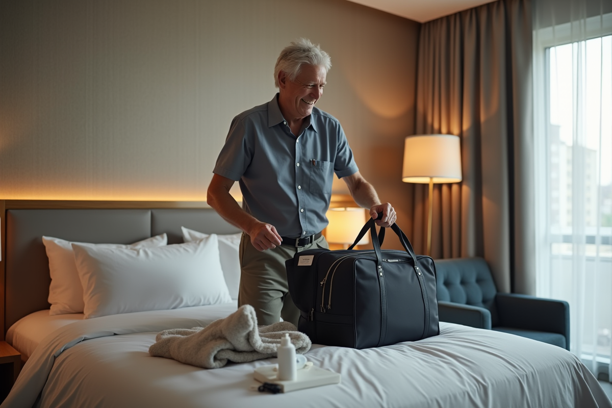 Homme déballant ses affaires dans un hôtel avec déodorant