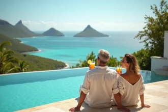 Couple en séjour luxe dans un hôtel 5 étoiles en Guadeloupe avec piscine à débordement et vue sur la mer des Caraïbes