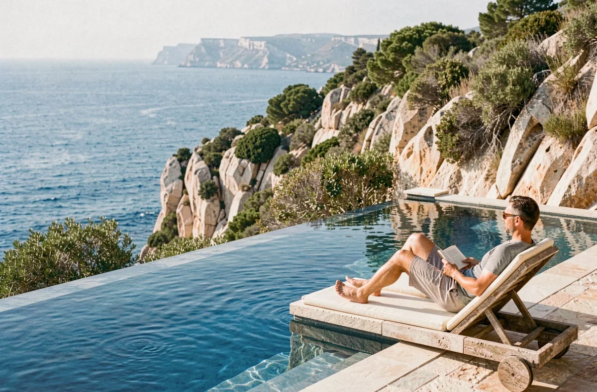 Piscine à débordement de l'Hôtel Cap Estel perchée sur un promontoire rocheux au-dessus de la Méditerranée