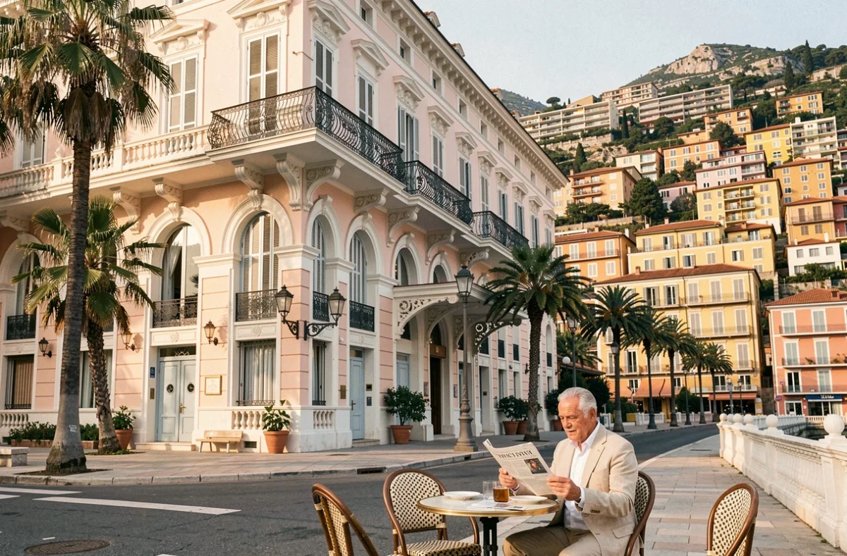 Façade belle époque de l'Hôtel De Londres à Menton avec balcons en fer forgé et vue sur la vieille ville italianisante