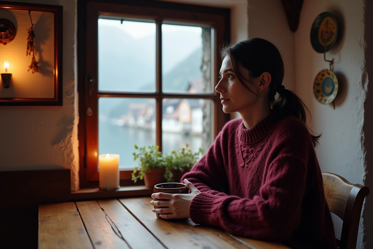 Femme savourant une boisson chaude dans une auberge typique autrichienne à Hallstatt avec vue sur le lac