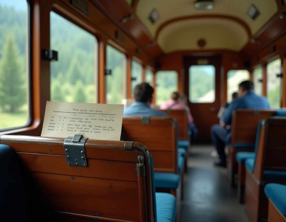 Intérieur d'un wagon du train Île-Rousse Calvi avec tarifs affichés et paysage corse défilant par la fenêtre