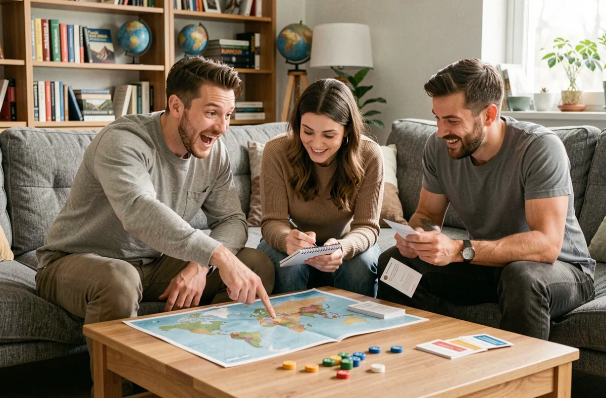 Groupe d'adultes jouant à un jeu de culture générale avec atlas autour d'une table basse dans un appartement moderne