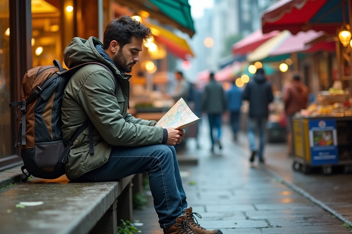 Jeune voyageur dans un marché asiatique avec sac à dos