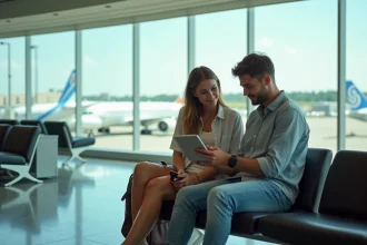 Jeune couple regardant une tablette dans un aéroport moderne