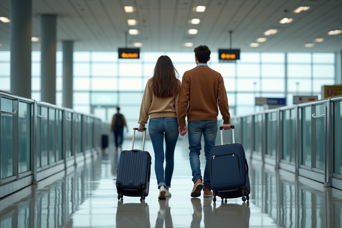 Jeune couple voyageant près du contrôle de sécurité