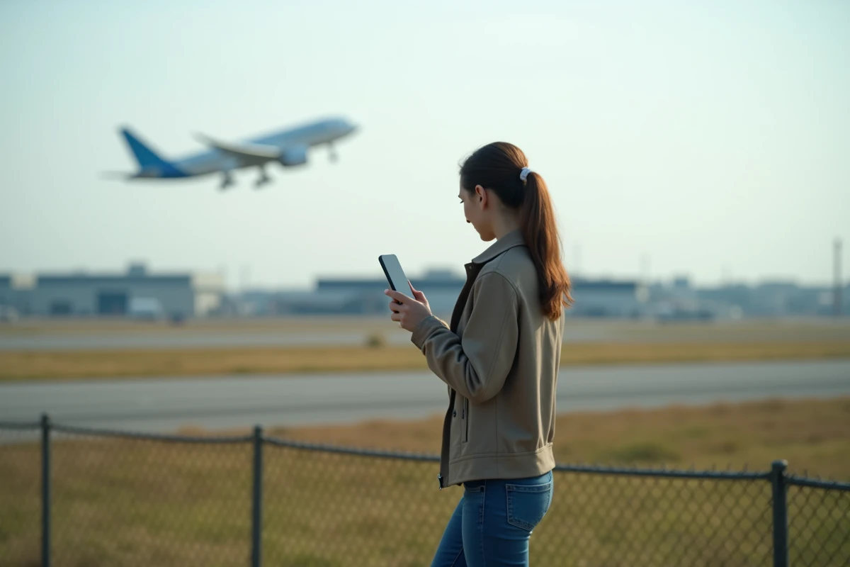 Jeune femme regardant un avion avec son smartphone à l