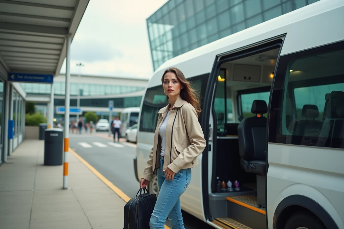 Jeune femme sortant du minibus à Toulouse en tenue décontractée