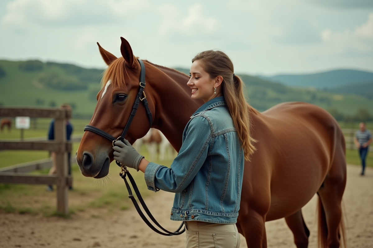 Jeune femme caressant un cheval dans un paysage rural