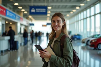 Jeune femme avec smartphone en attente à l'aéroport de Palerme