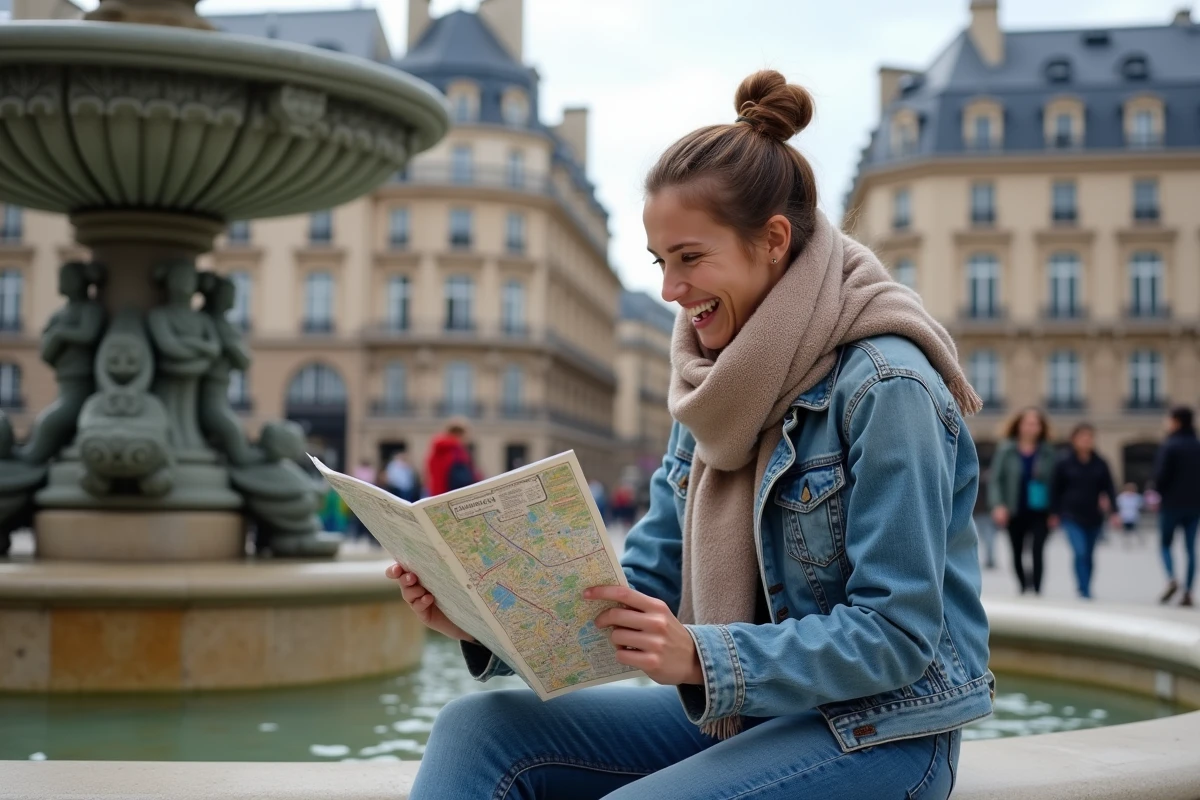 Jeune femme souriante à Paris devant la fontaine