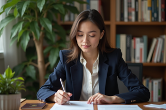 Jeune femme concentrée avec passeport et formulaires visa