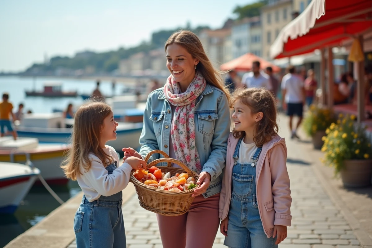 Jeune femme avec panier de fruits de mer au port de la Cotinière