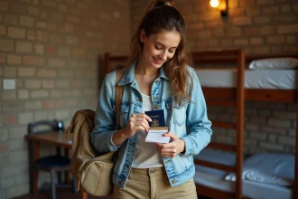 Jeune femme plaçant son passeport dans son sac à dos en voyage