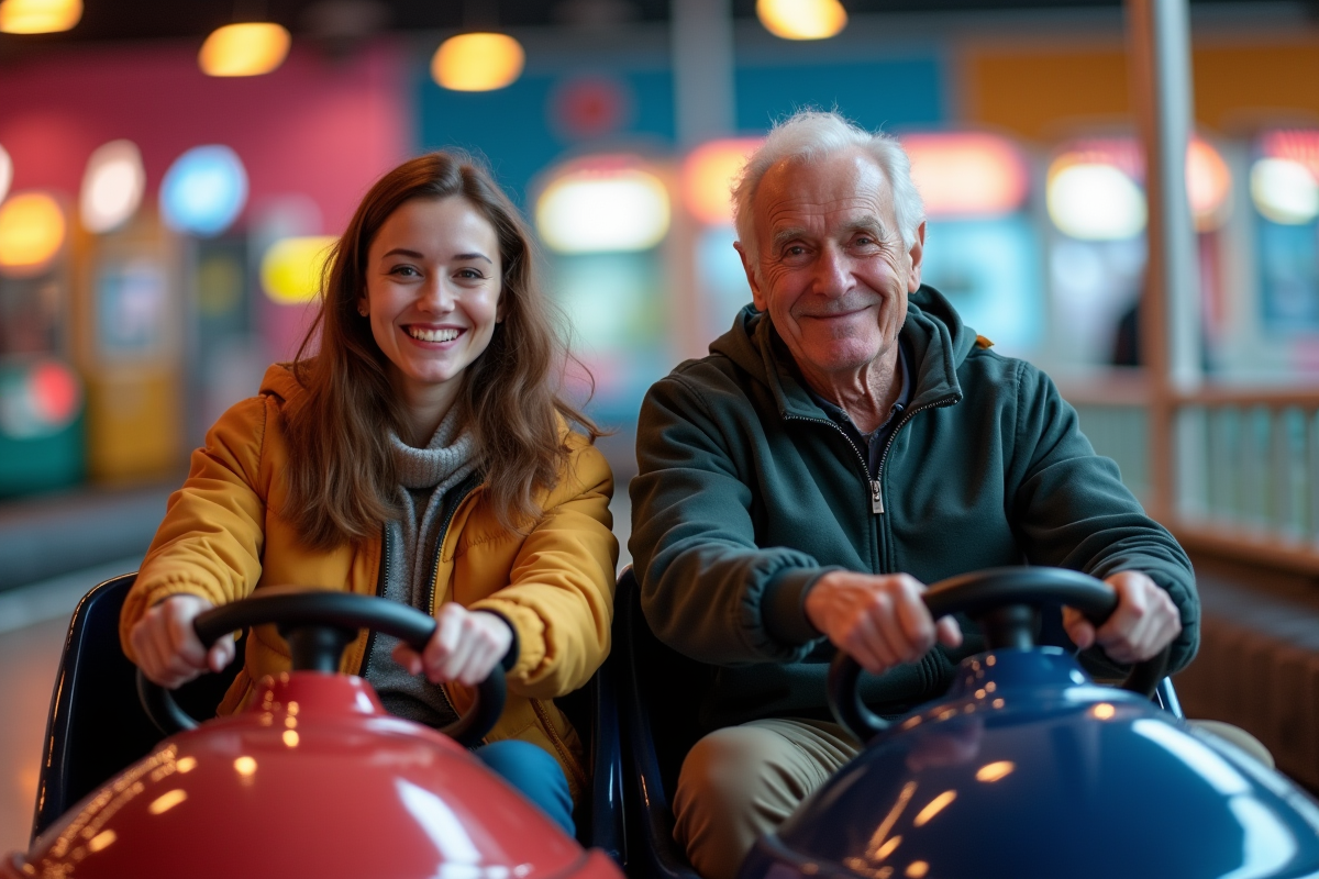Jeune femme et senior souriants dans des autos tamponneuses