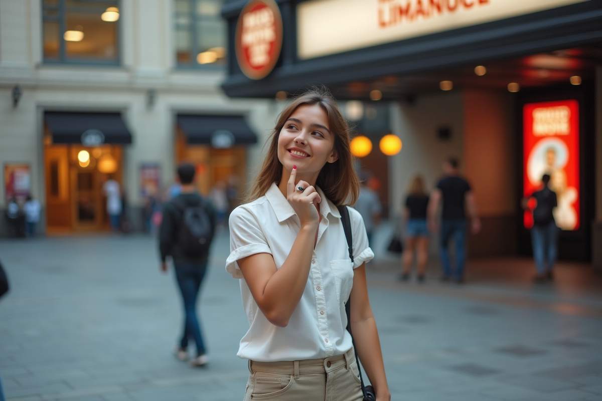 Jeune femme souriante tenant un ticket devant une affiche de cinéma en ville