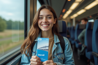 Jeune femme souriante avec sac à dos et pass Interrail dans un train