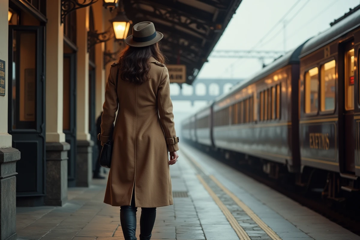 Jeune femme en manteau et chapeau sur le quai du train historique