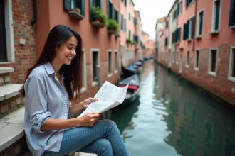 Jeune femme souriante vérifiant une carte à Venise