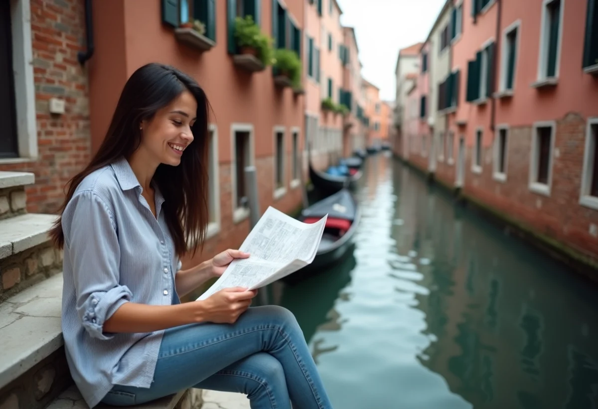 Jeune femme souriante vérifiant une carte à Venise