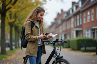 Jeune fille néerlandaise souriante avec vélo et smartphone