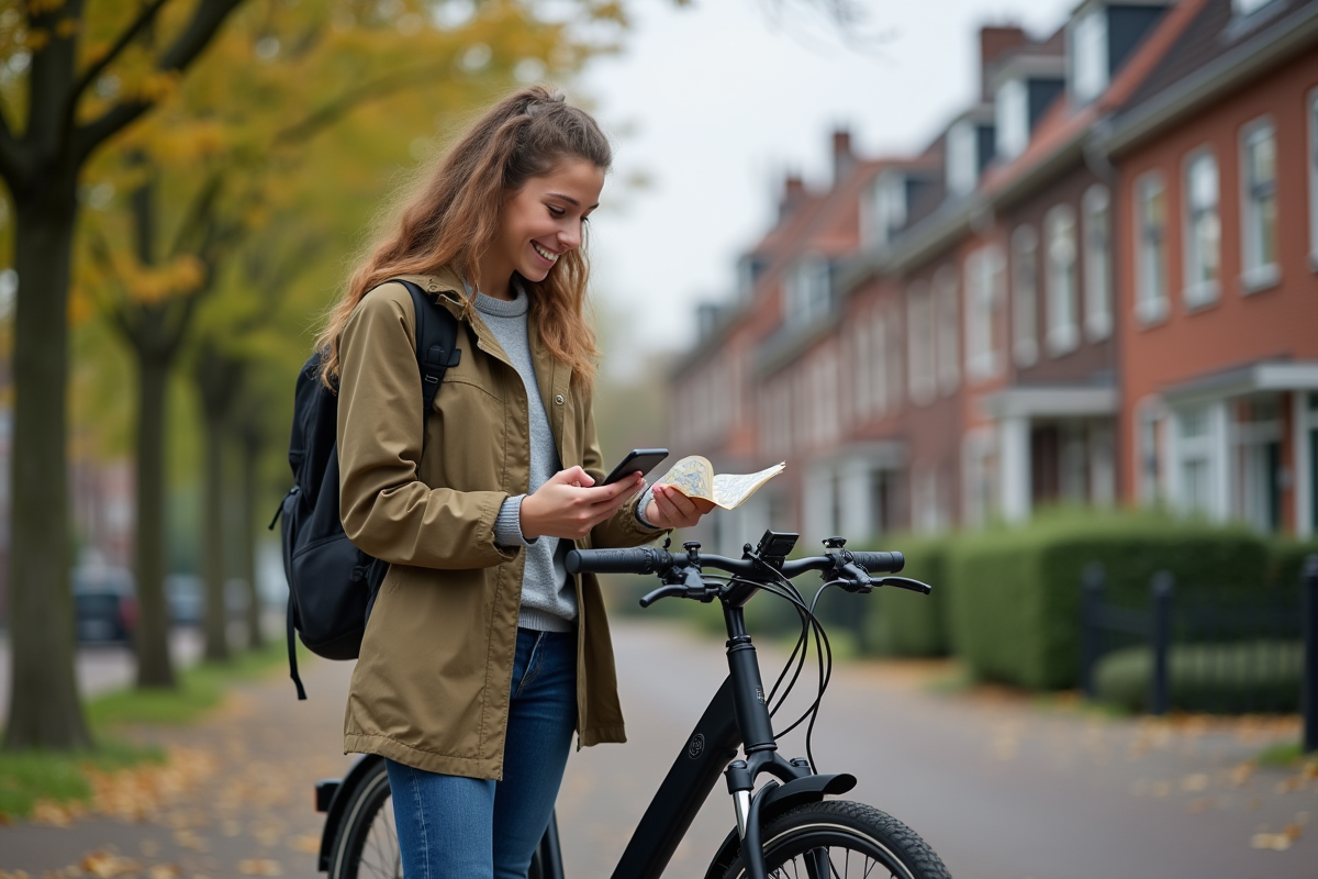 Jeune fille néerlandaise souriante avec vélo et smartphone