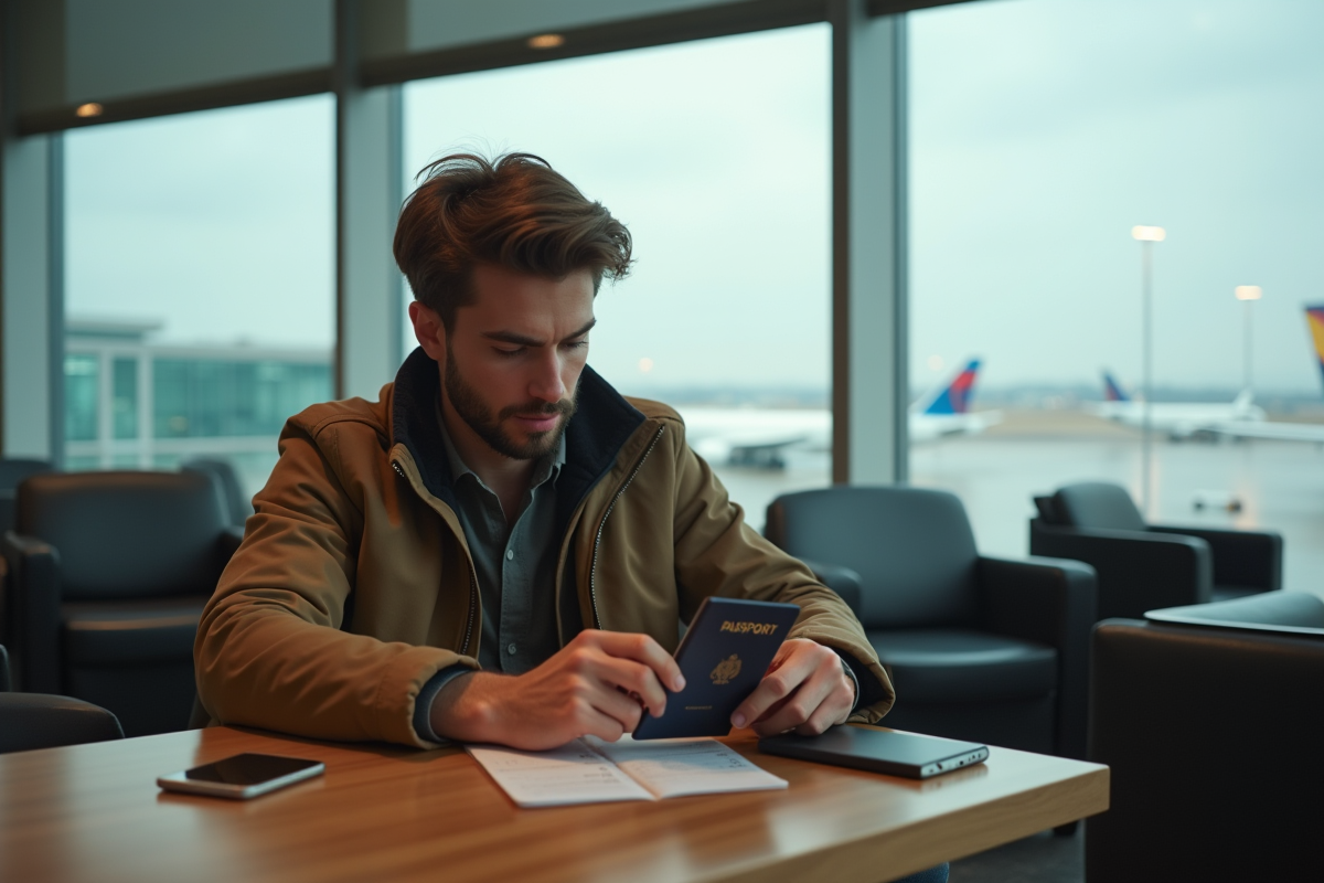 Jeune homme préparant ses documents de voyage dans un lounge