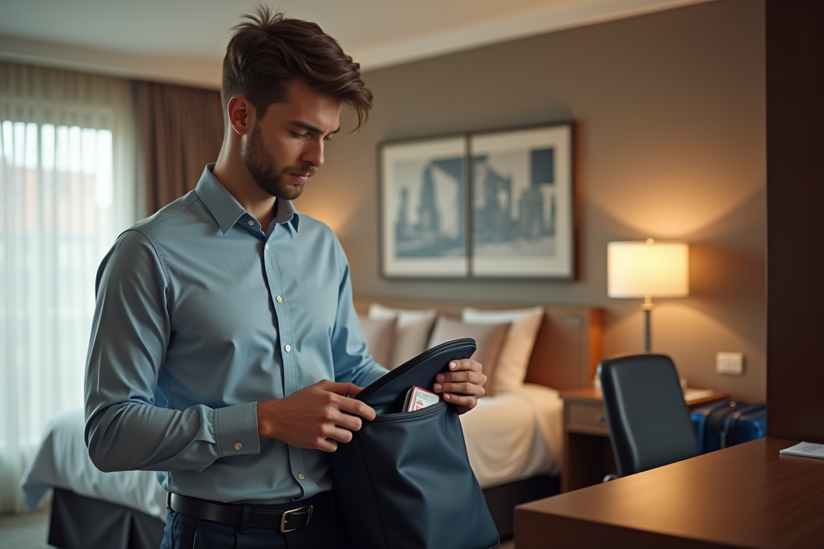 Jeune homme rangeant documents dans une pochette avant départ