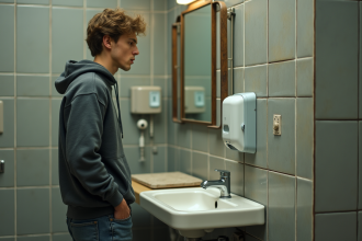 Jeune homme examine un distributeur de savon vide dans une salle de bain d'auberge