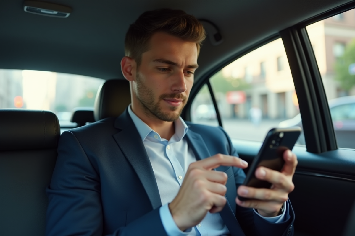 Jeune homme en costume utilisant son smartphone dans le taxi