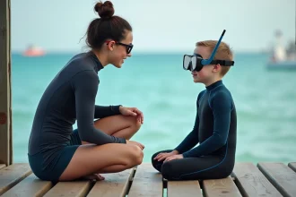 Jeune garçon en combinaison de plongée écoute instructrice sur le quai