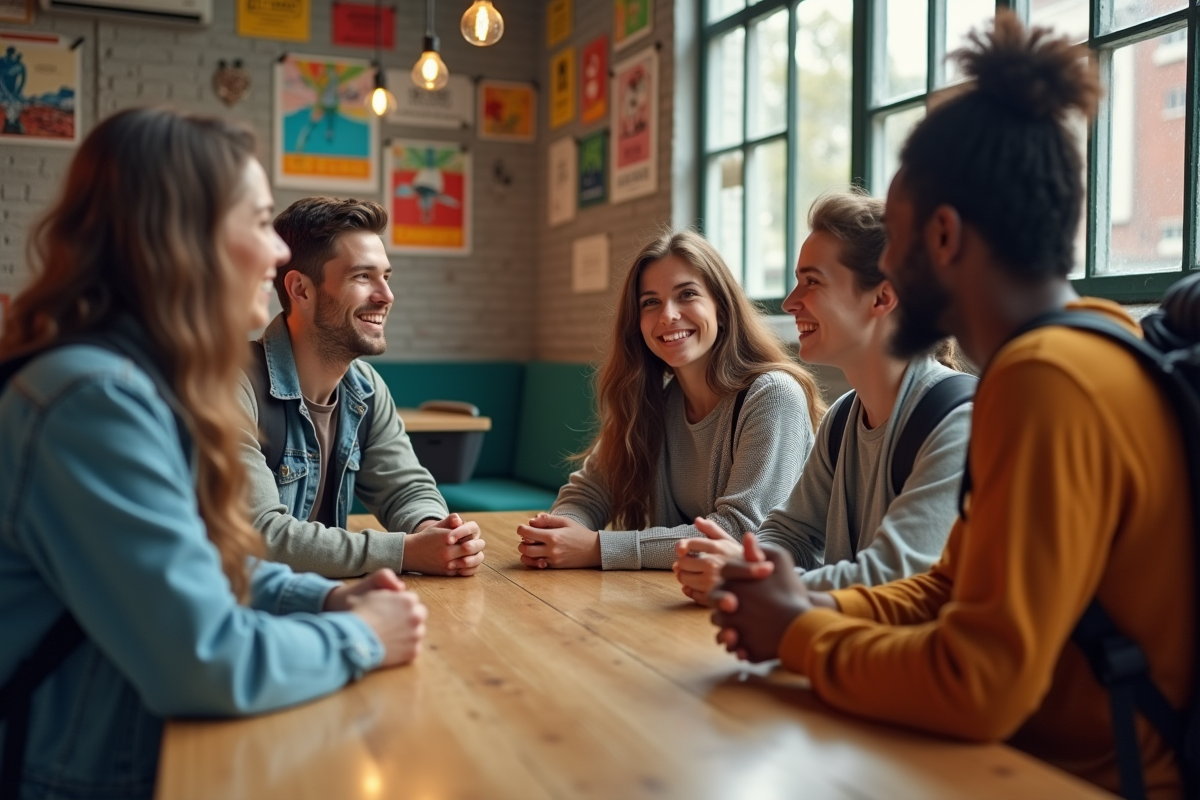 Groupe de jeunes voyageurs souriants dans un auberge de jeunesse