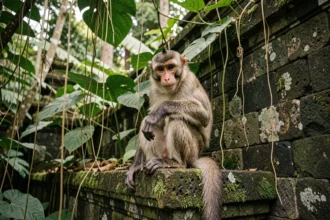 Macaque à longue queue perché sur un mur de temple en pierre mousseuse dans la Monkey Forest d'Ubud à Bali, entouré de végétation tropicale dense