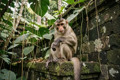 Macaque à longue queue perché sur un mur de temple en pierre mousseuse dans la Monkey Forest d'Ubud à Bali, entouré de végétation tropicale dense