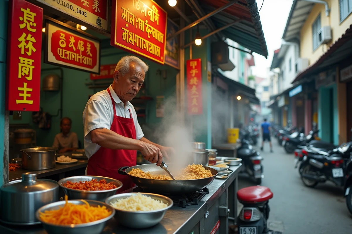 Vendeur de rue préparant des nouilles dans un marché hawker local du quartier Chow Kit à Kuala Lumpur